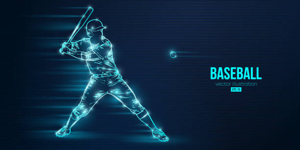 Abstract silhouette of a baseball player on blue background. Baseball player batter hits the ball. Vector illustration Abstract silhouette of a baseball player on blue background. Baseball player batter hits the ball. Vector illustration softball homerun stock illustrations