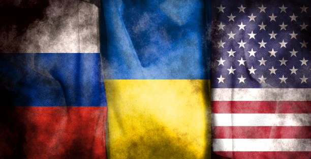 It combines the Ukrainian flag, the American flag, the Russian flag and the fist, tells the concept of communication and dialogue It combines the Ukrainian flag, the American flag, the Russian flag and the fist, tells the concept of communication and dialogue donets basin photos stock pictures, royalty-free photos & images