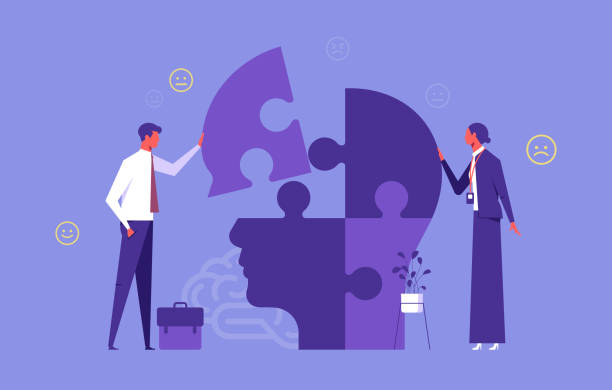 Support mental health medical treatment concept Support mental health medical treatment concept, psychologist people connecting jigsaw puzzle pieces of a big head together managing stress stock illustrations