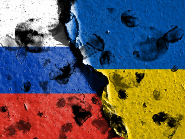 istock Russian flag and Ukrainian flag 1392876957