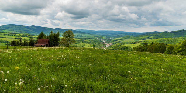 Nedasova Lhota and Navojna villages with hills around from Laz hill in Bile Karpaty mountains in Czech republic stock photo