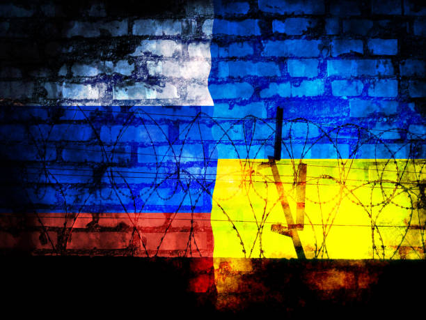 istock Russian flag and Ukrainian flag 1392883253