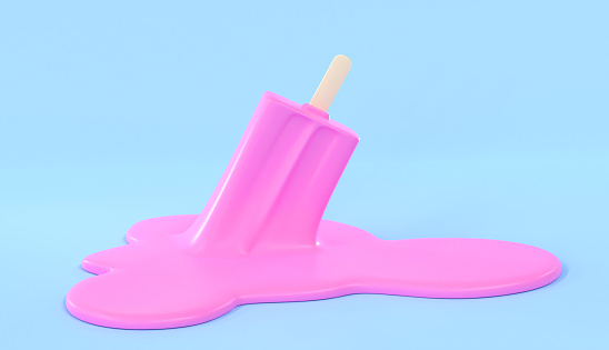 Pink ice cream on wooden stick melting on pastel blue background. Popsicle fell to floor upside down, puddle of melted sweet liquid, molten texture. Minimal summer concept, Realistic 3d render