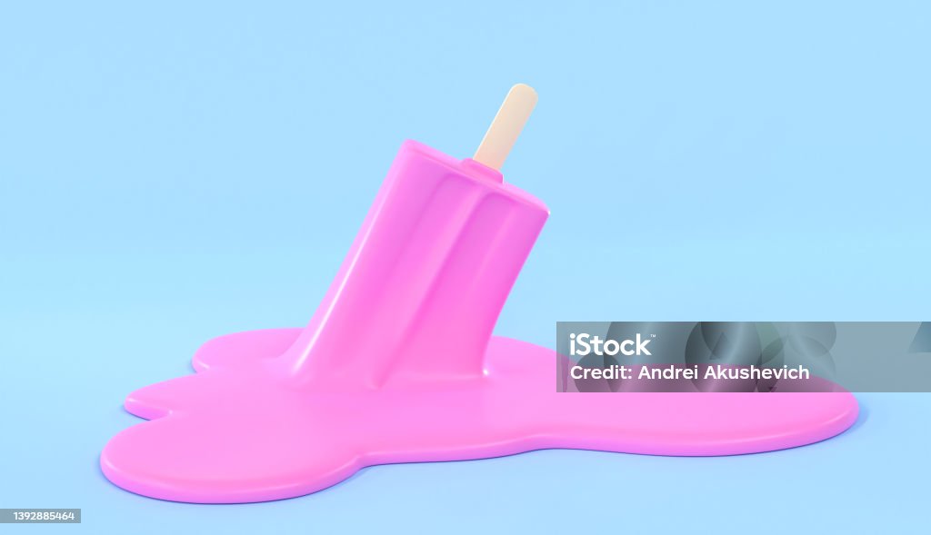 Pink ice cream on wooden stick melting on pastel blue background. Popsicle fell to floor upside down, puddle of melted sweet liquid, molten texture. Minimal summer concept. Realistic 3d render Pink ice cream on wooden stick melting on pastel blue background. Popsicle fell to floor upside down, puddle of melted sweet liquid, molten texture. Minimal summer concept, Realistic 3d render Ice Cream Stock Photo
