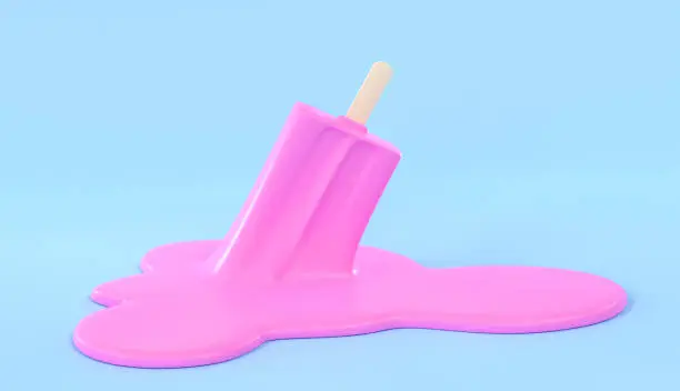 Photo of Pink ice cream on wooden stick melting on pastel blue background. Popsicle fell to floor upside down, puddle of melted sweet liquid, molten texture. Minimal summer concept. Realistic 3d render