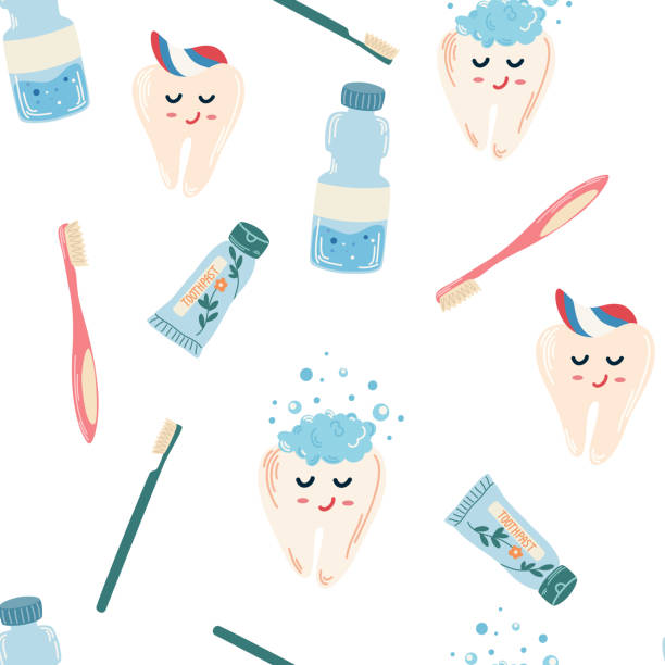 Dental care seamless pattern. Tooth, dental floss, toothpaste, toothbrush, cartoon characters. Treatment and oral hygiene. Textile, wallpaper, prints. Vector flat illustration Dental care seamless pattern. Tooth, dental floss, toothpaste, toothbrush, cartoon characters. Treatment and oral hygiene. Textile, wallpaper, prints. Vector flat illustration toothbrush toothpaste backgrounds beauty stock illustrations