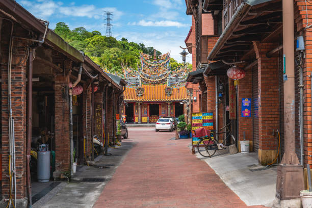 April 8, 2022: Sankeng Old Street, the major street of Longtan in Taoyuan, Taiwan. Sankeng was the most prosperous harbor along the Dahan river in the past. the end of the street is Yongfu Temple.