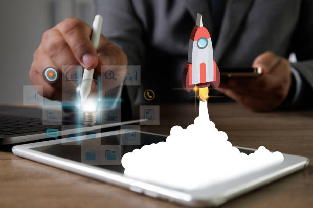 istock man  share idea  Working and Startup Business network connection Brainstorming flying rocket 1392886540