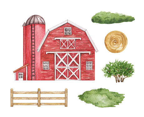 Farm set with red barn, silo and landscape, country rural hand drawn illustration