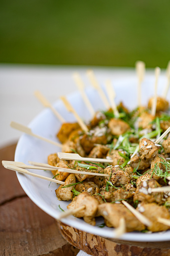 Spicy fried grilled Chicken Canape Appetizer Skewers Kebabs with wooden pegs in a bowl ready to serve