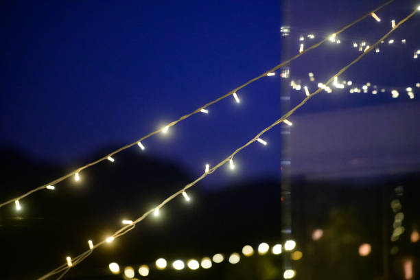 istock Merry String Fairy Lights at Dusk with blue night sky 1392889665