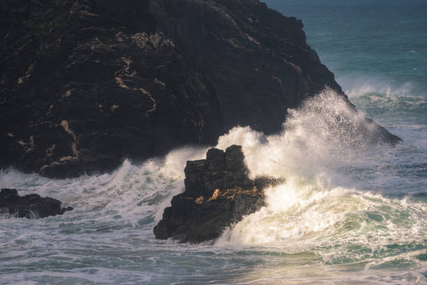 istock Large waves hit the slate cliffs with pyrite veins 1392890427