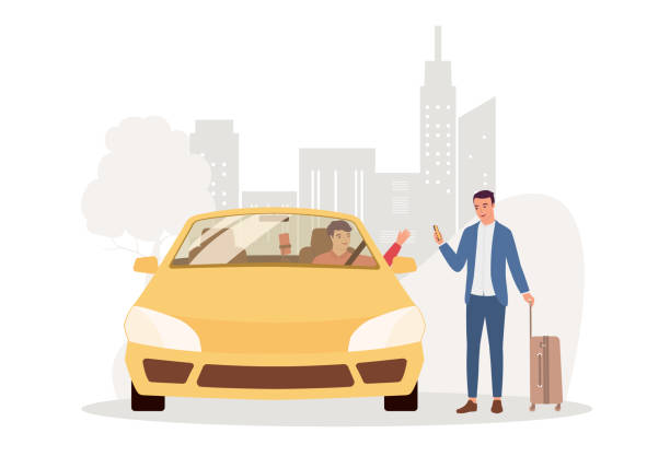 Businessman With Luggage And Mobile Phone Hailing Car Ride In City Street. Young Businessman With Luggage Using Smartphone Hailing Car Ride In City Street. Full Length, Isolated On White Color Background. Vector, Illustration, Character. uber driver stock illustrations
