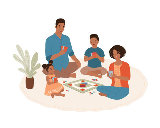illustrazioni stock, clip art, cartoni animati e icone di tendenza di happy black family gioca a giochi da tavolo. - sedere per terra