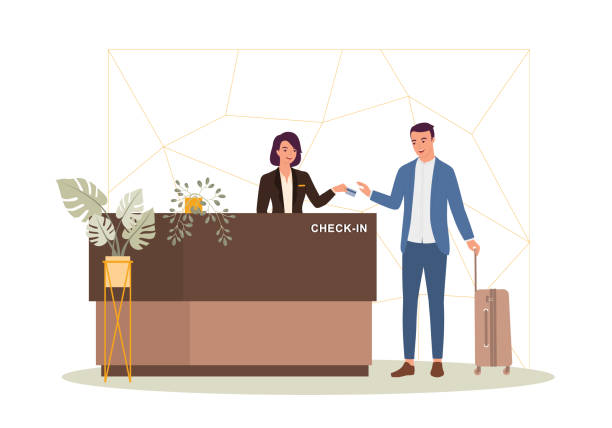 Businessman With Luggage Checking-In At A Luxury Hotel. Cheerful Female Receptionist With Uniform Giving Key To The Hotel Guest At The Front Desk. Full Length, Isolated On White Color Background. Vector, Illustration, Character. receptionist stock illustrations