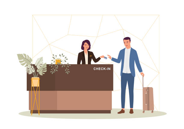 Businessman With Luggage Checking-In At A Luxury Hotel. Cheerful Female Receptionist With Uniform Giving Key To The Hotel Guest At The Front Desk. Full Length, Isolated On White Color Background. Vector, Illustration, Character. hotel reception hotel business lobby stock illustrations