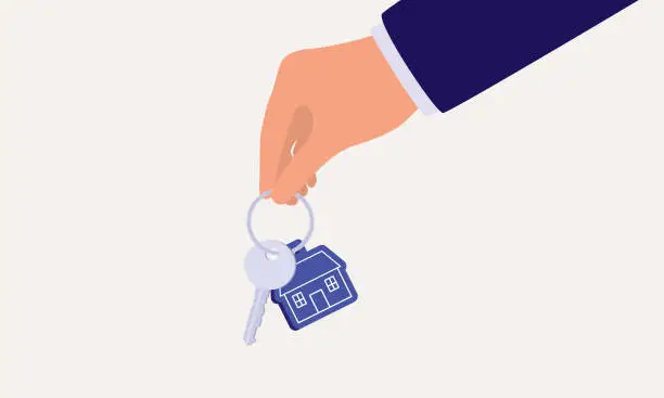 Vector illustration of Businessman Holding House Key With Keychain.