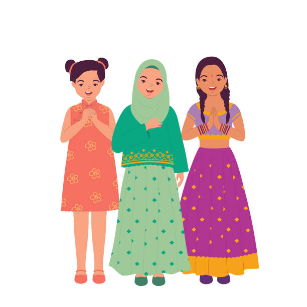 ilustrações de stock, clip art, desenhos animados e ícones de little girl with beautiful traditional clothes greeting. - pre adolescent child child white background asian ethnicity