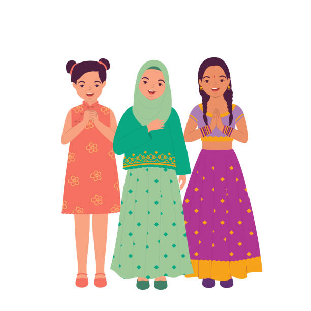 Little Girl With Beautiful Traditional Clothes Greeting. Three Little Girl Dressed In Beautiful Traditional Clothes Greeting. Full Length, Isolated On White Color Background. Vector, Illustration, Character. cartoon of muslim costume stock illustrations