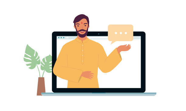 Young Happy Indian Man Teaching Online Classes. Young Happy Indian Man With Traditional Clothing Teaching Online Classes Remotely. Full Length, Isolated On White Color Background. Vector, Illustration, Character. Kurta stock illustrations