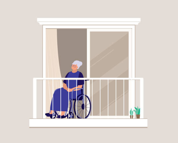Senior Woman With Wheelchair At Her House Balcony. Lonely Senior Woman Sitting In A Wheelchair Looking Outside At Her House Balcony. Full length. Vector, Illustration, Flat Design, Character. sad old woman stock illustrations