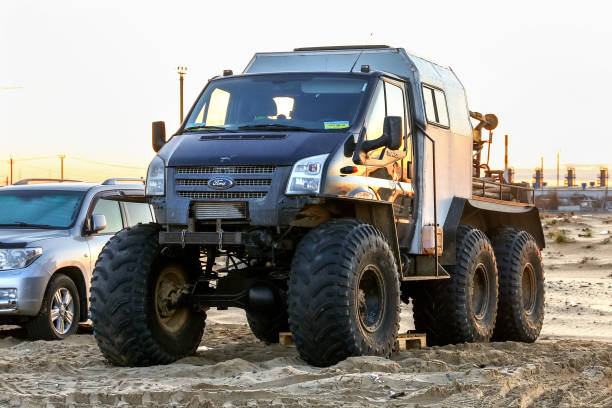 Offroad drilling rig Novyy Urengoy, Russia -September 24, 2020: Ford Transit van based offroad drilling rig at a countryside. ford crossing stock pictures, royalty-free photos & images