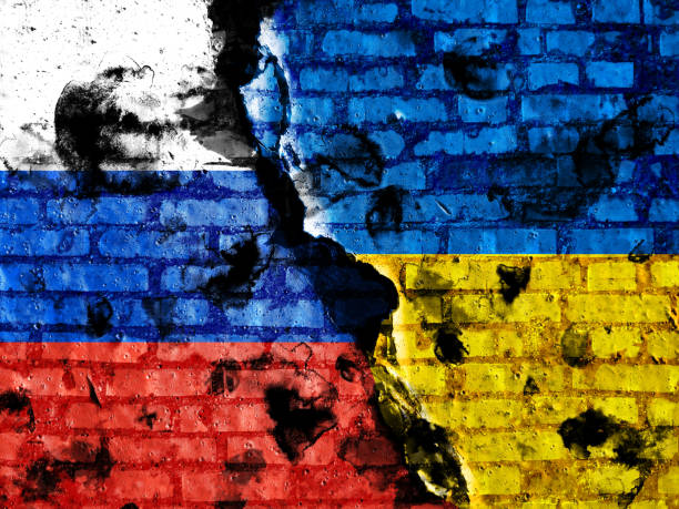 istock Russian flag and Ukrainian flag 1392896048
