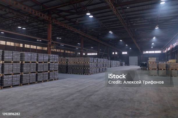 Warehouse Of Finished Products At The Enterprise For The Production Of Bricks For Construction Stock Photo - Download Image Now