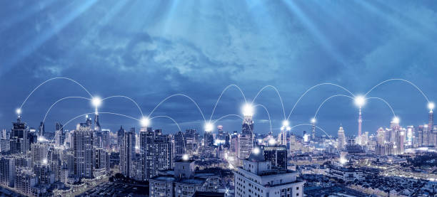 istock Modern cityscape and communication network concept. Telecommunication. IoT (Internet of Things). ICT (Information communication Technology). 5G. Smart city. Digital transformation 1392896546