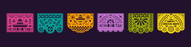 illustrazioni stock, clip art, cartoni animati e icone di tendenza di set di composizioni ritagliate per ghirlanda di carta. 5 maggio, festa messicana cinco de mayo. modelli papel picado. - mexican culture cinco de mayo backgrounds sombrero