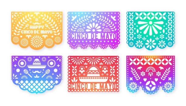 illustrazioni stock, clip art, cartoni animati e icone di tendenza di set di carte gradient papel picado. decorazioni di carta messicane per feste. ritaglia composizioni per ghirlanda di carta. 5 maggio, festa messicana cinco de mayo. - sombrero hat mexican culture isolated