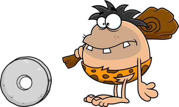 ilustraciones, imágenes clip art, dibujos animados e iconos de stock de personaje de dibujos animados de caveman con una rueda de piedra - garrote