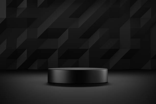istock Luxury empty black podium presentation scene 3d platform background showcase of modern spotlight product studio or pedestal stage display stand and blank exhibition showroom shelf on dark backdrop. 1392898871