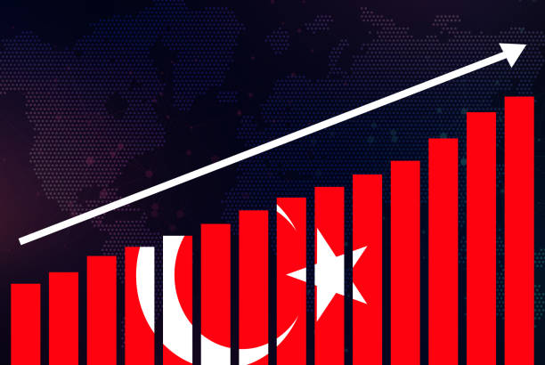 istock Turkey bar chart graph, increasing values, Turkey country flag on bar graph, upward rising arrow on data, news banner idea, developing country concept 1392902179