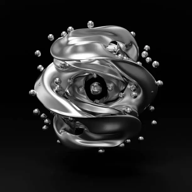 Photo of Abstract art 3d sculpture with silver flower in curve wavy spherical biological lines with small silver ball isolated on black background, Silver texture, 3D Rendering