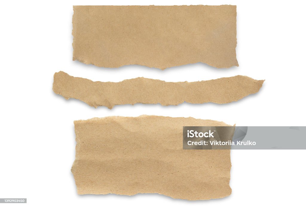 three pieces of brown paper on a white background Cut Or Torn Paper Stock Photo