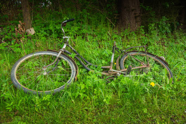 istock old broken bike lying in green grass 1392903517