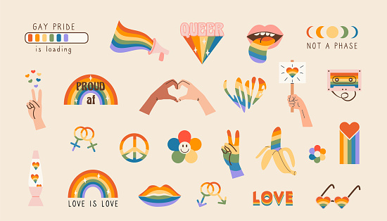 Vector set of LGBTQ community symbols with pride flags, gender signs, retro rainbow colored elements. Pride month stickers. Gay parade groovy celebration. LGBT flat style icons and slogan collection
