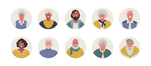 Round avatars set of diverse smiling elderly people.Vector flat illustration. Round avatars set with different elderly people isolated on white background.Diverse portraits of smiling senior women and men,various races,skin color.Vector flat illustration. old man smiling stock illustrations