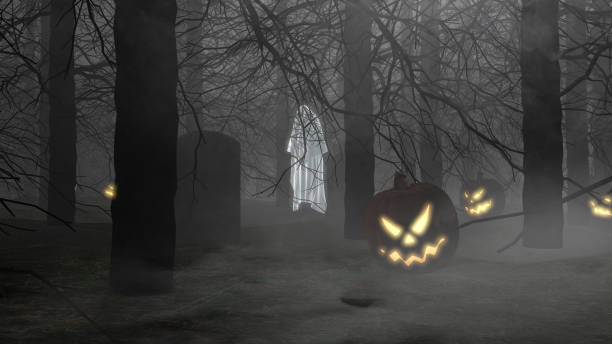 istock Spooky jungle Halloween Theme with ghost floating in the background 1392905944