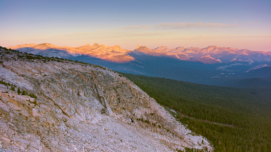 Aerial view of Moraine flat in mono County from the surrounding mountains at sunrise, California, USA.