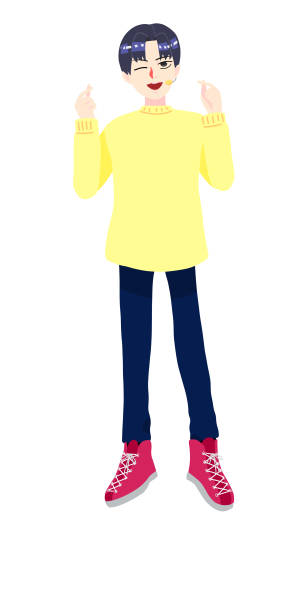 K-pop style male idol (black hair) K-pop style male idol. He makes a heart with his fingers and shows his gratitude to the fans. korea singer stock illustrations