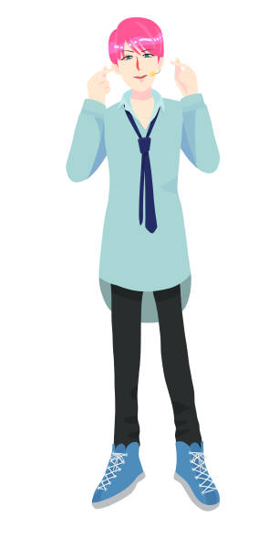 K-pop style male idol (pink hair) K-pop style male idol. He makes a heart with his fingers and shows his gratitude to the fans. korea singer stock illustrations