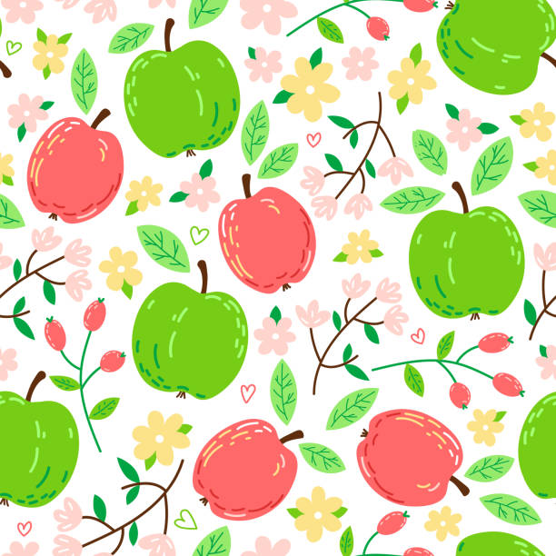 Seamless vector pattern with apples and flowers Seamless vector pattern with apples and flowers for wrapping paper apple blossom stock illustrations