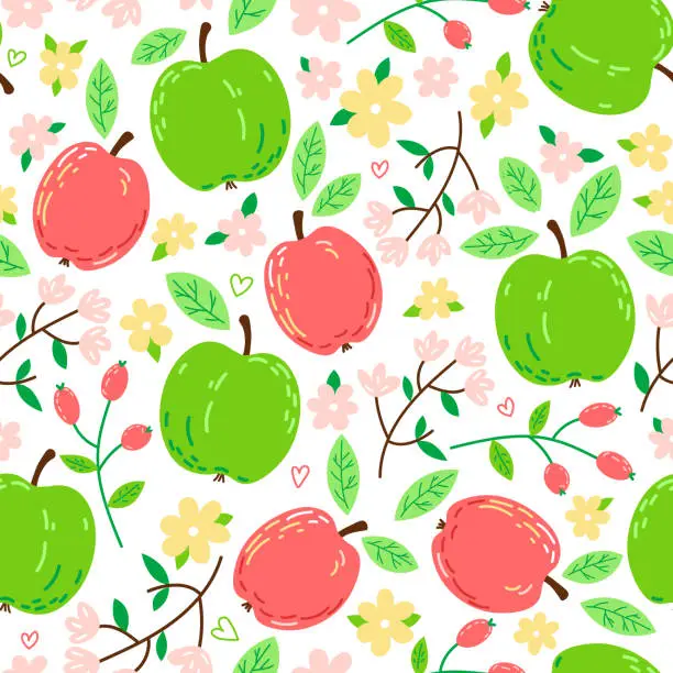 Vector illustration of Seamless vector pattern with apples and flowers
