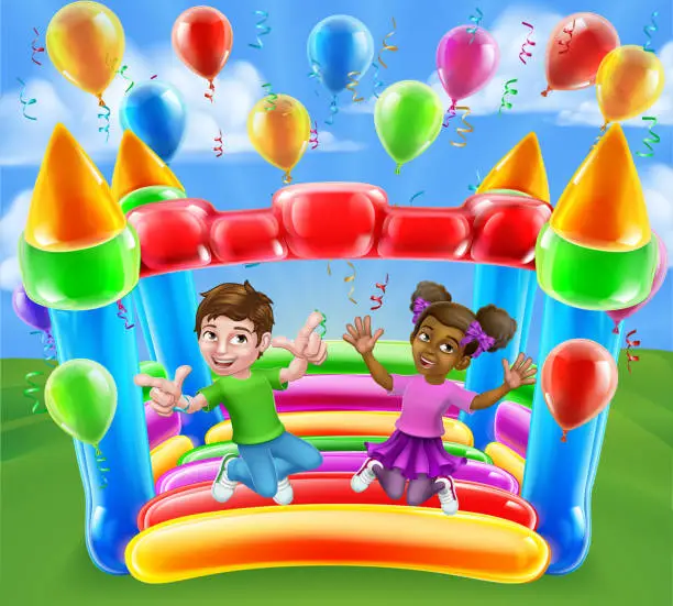 Vector illustration of Bouncy House Castle Jumping Girl Boy Kids Cartoon