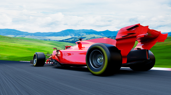 rear view of fast moving generic red race car on a race track, motion blur,  3D, car of my own design.