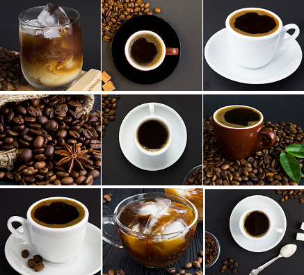 Collage of coffee cup on the black  background. Close-up.