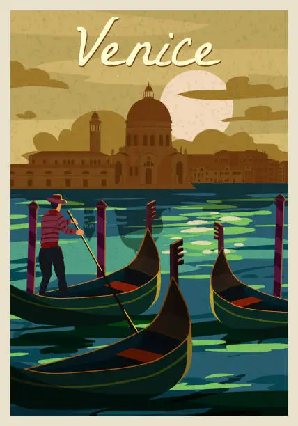 Vector illustration of Retro Poster Venice Italia. Sunset Grand Canal, gondolier, architecture, vintage style card. Vector illustration postcard