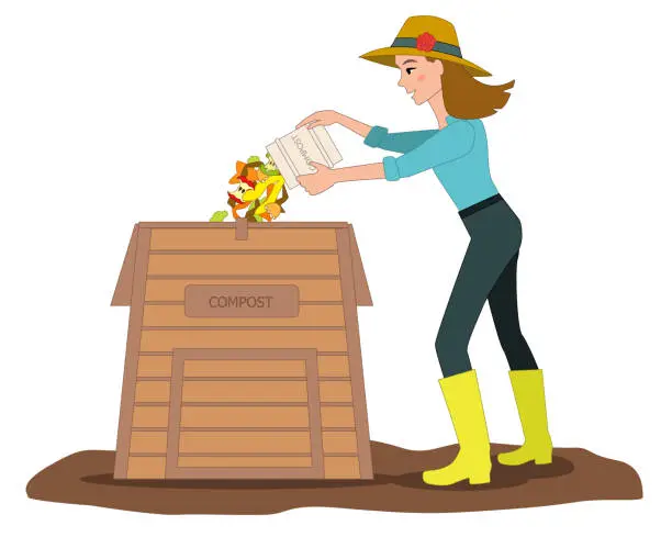 Vector illustration of One young woman in a straw hat an yellow boots throws food waste into a garden compost box isolated on white background.